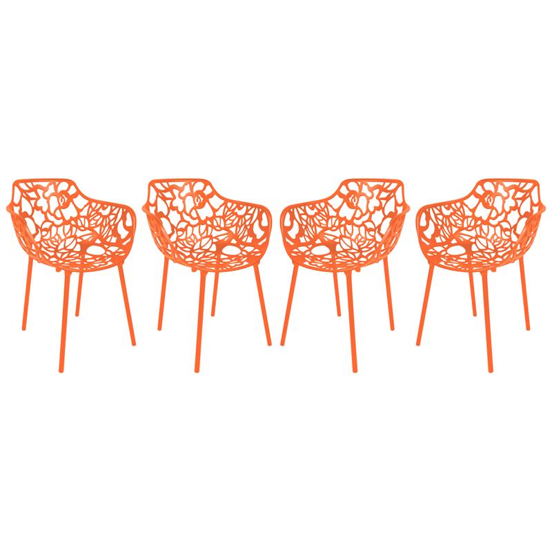 LeisureMod Devon Modern Aluminum Patio Dining Armchair in Orange (Set of 4)