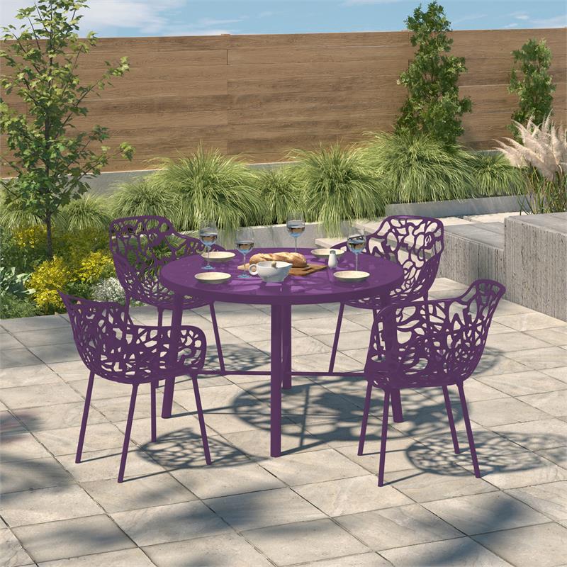 LeisureMod Devon Modern Aluminum Patio Dining Armchair in Purple (Set of 4)