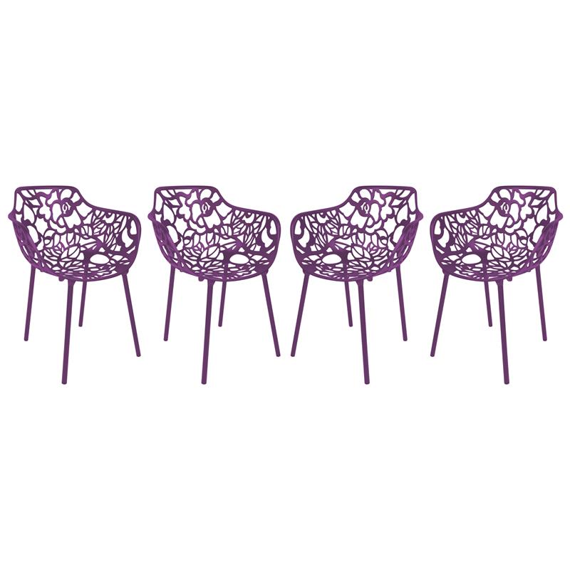 LeisureMod Devon Modern Aluminum Patio Dining Armchair in Purple (Set of 4)