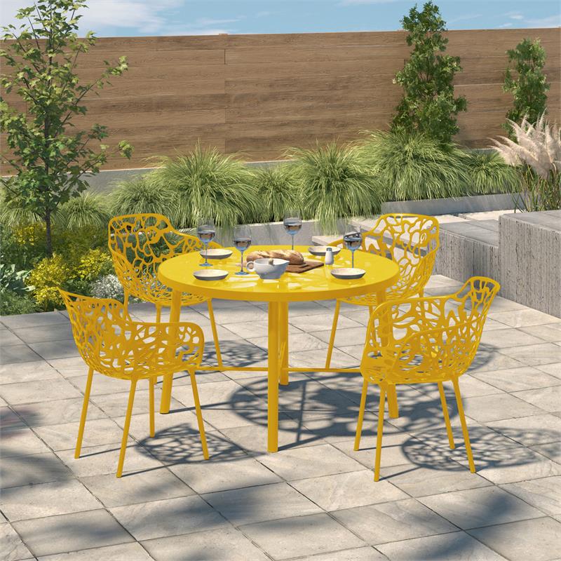 LeisureMod Devon Modern Aluminum Patio Dining Armchair in Yellow (Set of 4)