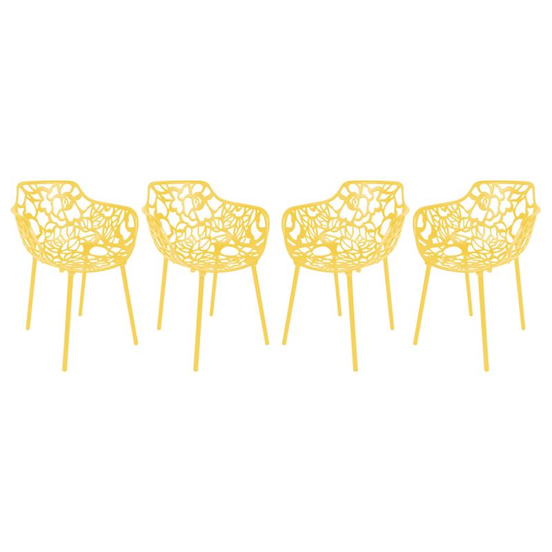 LeisureMod Devon Modern Aluminum Patio Dining Armchair in Yellow (Set of 4)