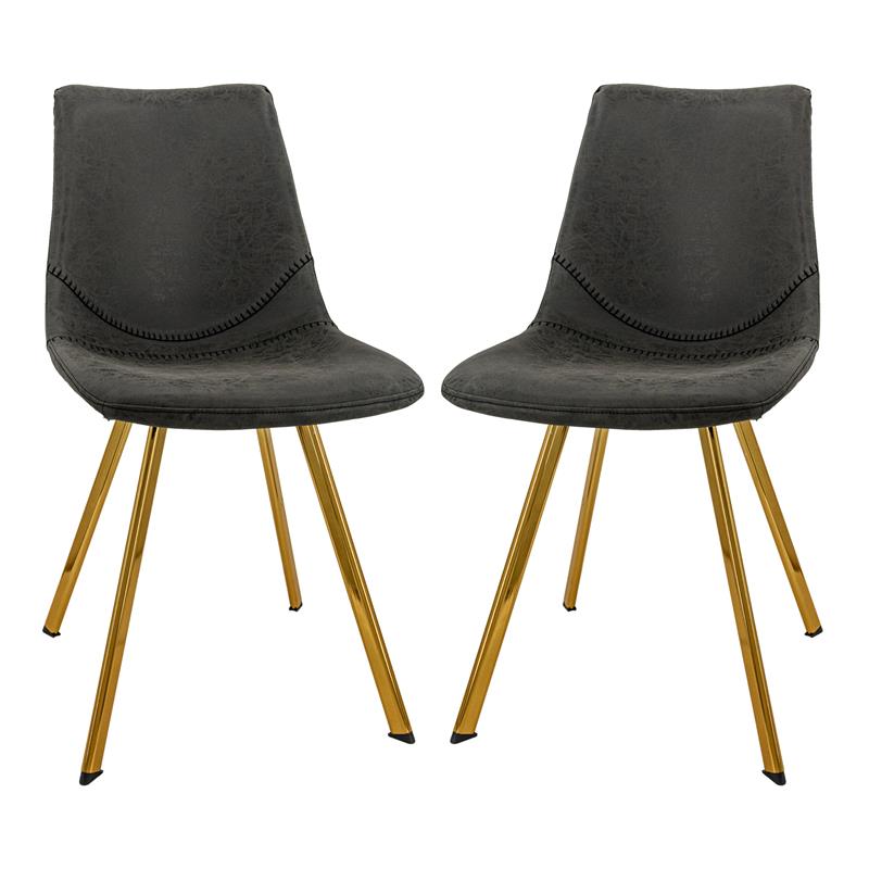 LeisureMod Markley Leather Dining Chair With Gold Legs Set of 2 Charcoal Black