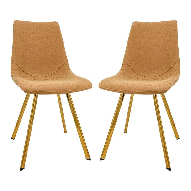LeisureMod Markley Leather Dining Chair With Gold Legs Set of 2 Light Brown