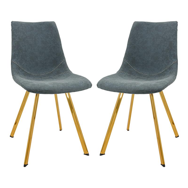 LeisureMod Markley Leather Dining Chair With Gold Legs Set of 2 Peacock Blue