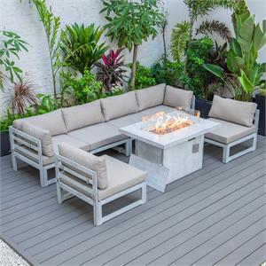 leisuremod chelsea 7-piece grey patio sectional with fire pit table