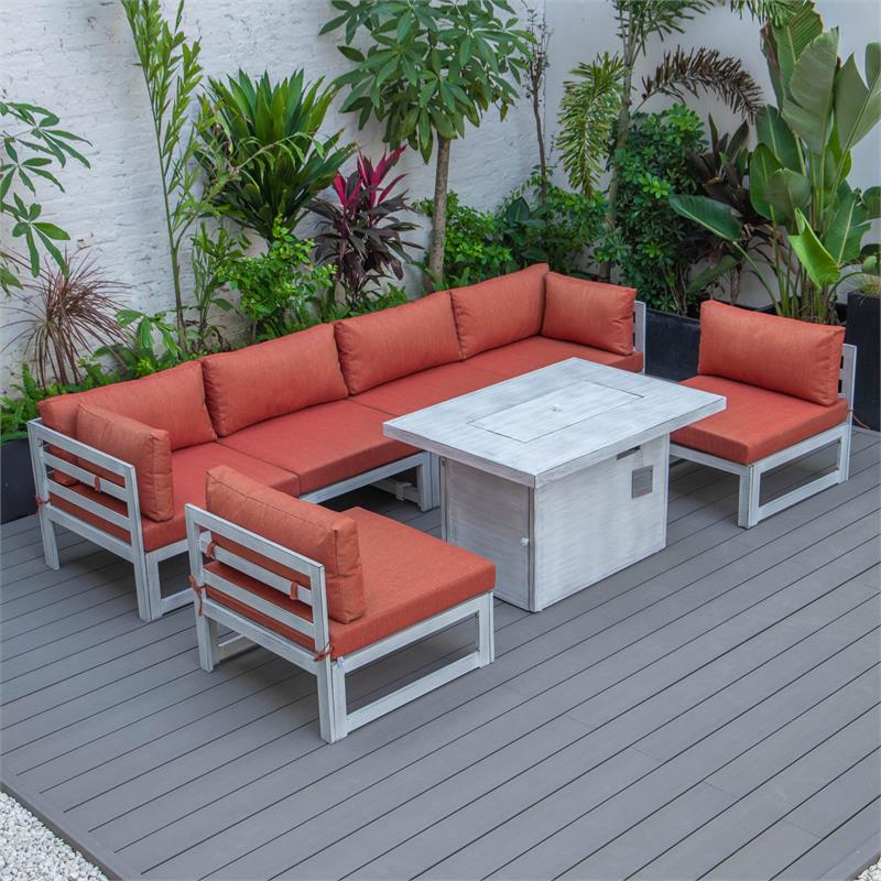 LeisureMod Chelsea 7-Piece Grey Patio Sectional With Fire Pit Table in Orange