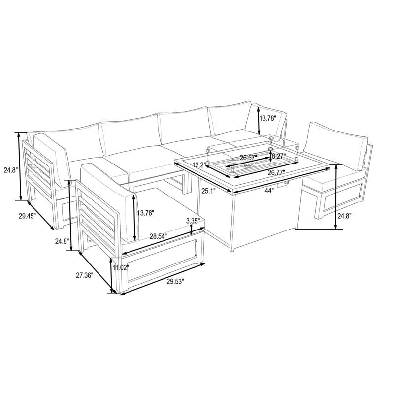 LeisureMod Chelsea 7-Piece Grey Patio Sectional With Fire Pit Table in Orange