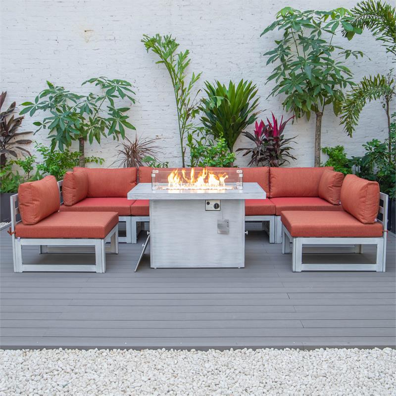 LeisureMod Chelsea 7-Piece Grey Patio Sectional With Fire Pit Table in Orange