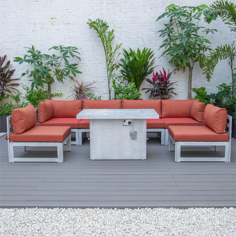 LeisureMod Chelsea 7-Piece Grey Patio Sectional With Fire Pit Table in Orange