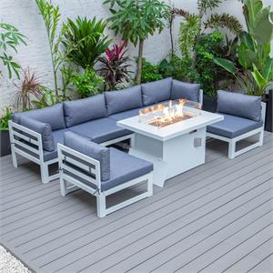 leisuremod chelsea 7-piece white patio sectional with fire pit table