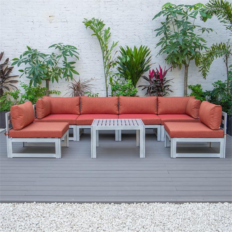 LeisureMod Chelsea 7-Piece Gray Patio Sectional With Coffee Table in Orange