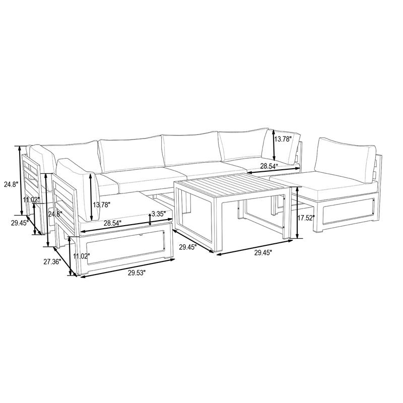 LeisureMod Chelsea 7-Piece Gray Patio Sectional With Coffee Table in Orange
