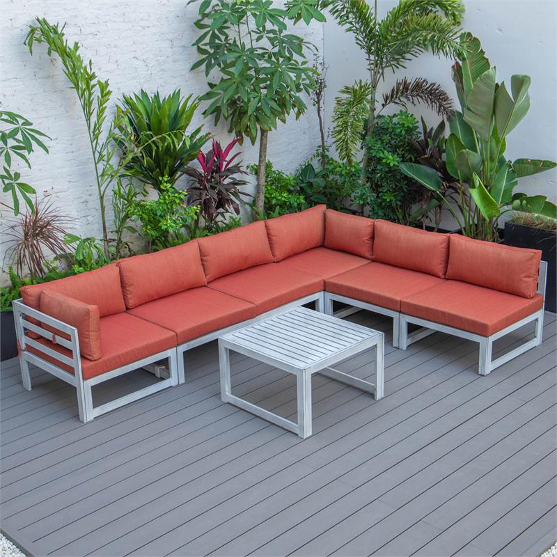 LeisureMod Chelsea 7-Piece Gray Patio Sectional With Coffee Table in Orange