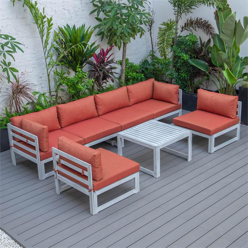 LeisureMod Chelsea 7-Piece Gray Patio Sectional With Coffee Table in Orange