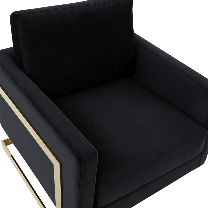 LeisureMod Lincoln Velvet Accent Arm Chair With Gold Frame in Midnight Black