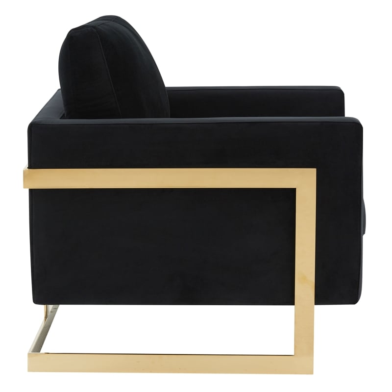 LeisureMod Lincoln Velvet Accent Arm Chair With Gold Frame in Midnight Black