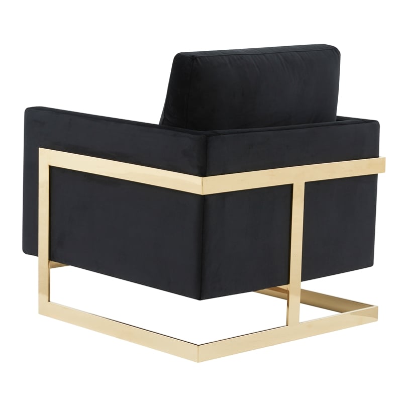 LeisureMod Lincoln Velvet Accent Arm Chair With Gold Frame in Midnight Black