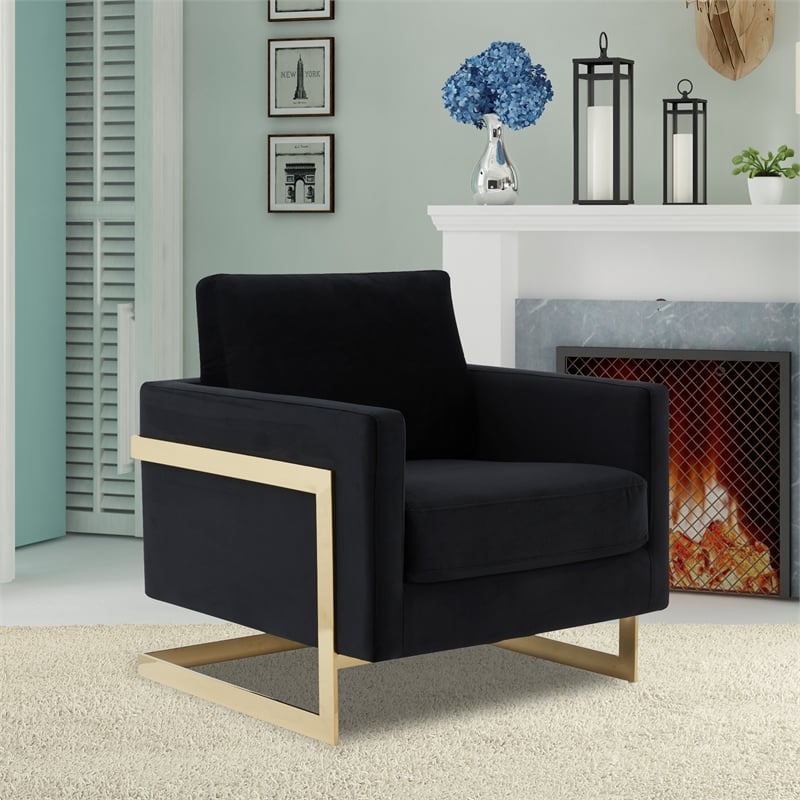 LeisureMod Lincoln Velvet Accent Arm Chair With Gold Frame in Midnight Black