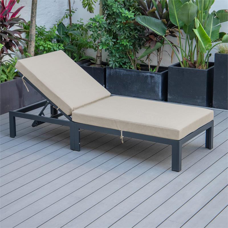 LeisureMod Chelsea Aluminum Patio Chaise Lounge Chair With Beige Cushions