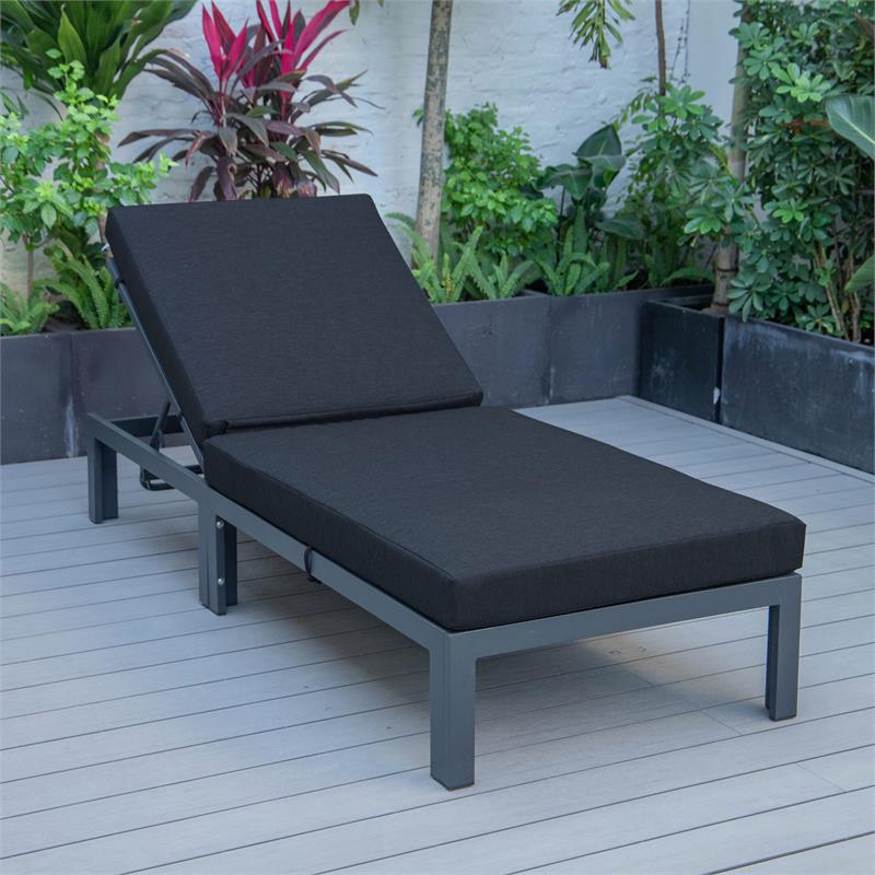 LeisureMod Chelsea Aluminum Patio Chaise Lounge Chair With Black Cushions