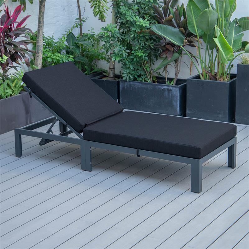 LeisureMod Chelsea Aluminum Patio Chaise Lounge Chair With Black Cushions