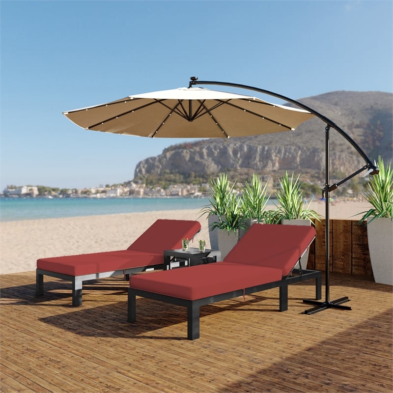 LeisureMod Chelsea Aluminum Patio Chaise Lounge Chair With Red Cushions