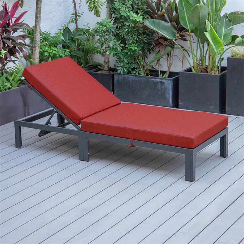 LeisureMod Chelsea Aluminum Patio Chaise Lounge Chair With Red Cushions