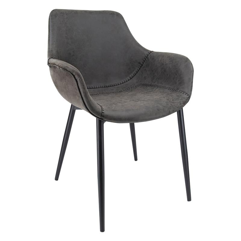 LeisureMod Markley Leather Dining Armchair With Metal Legs in Charcoal Black