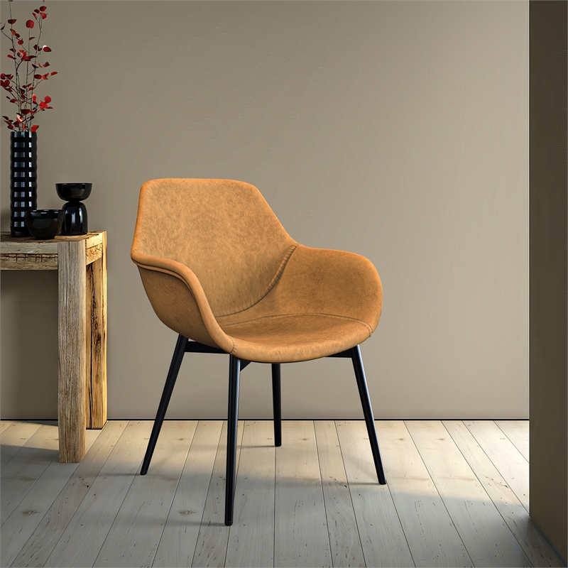 LeisureMod Markley Leather Dining Armchair With Metal Legs in Light Brown