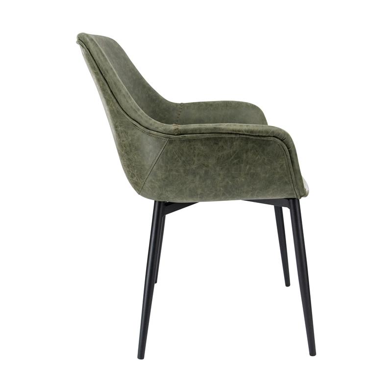 LeisureMod Markley Leather Dining Armchair With Metal Legs in Olive Green
