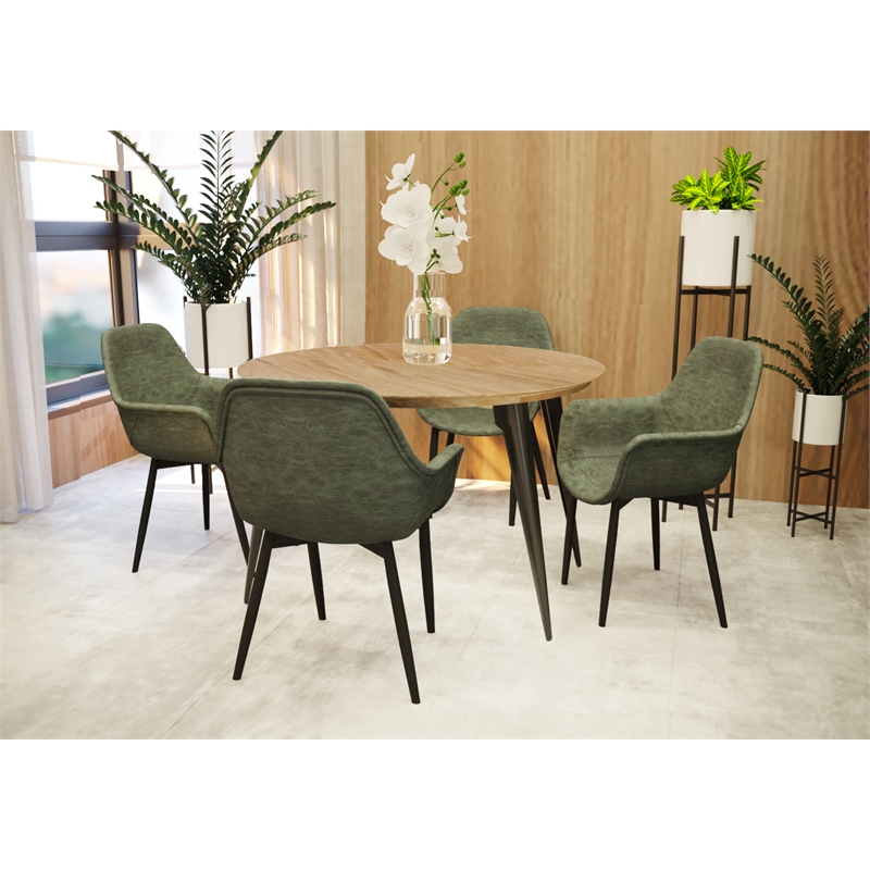 LeisureMod Markley Leather Dining Armchair With Metal Legs in Olive Green