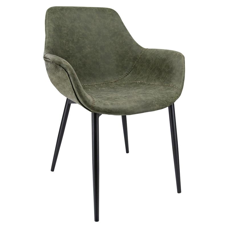 LeisureMod Markley Leather Dining Armchair With Metal Legs in Olive Green