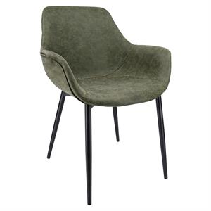 LeisureMod Markley Leather Dining Armchair With Metal Legs in Olive Green