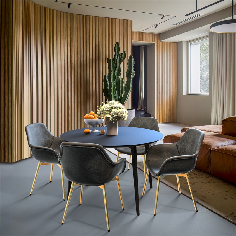 LeisureMod Markley Leather Dining Armchair With Gold Legs in Charcoal Black
