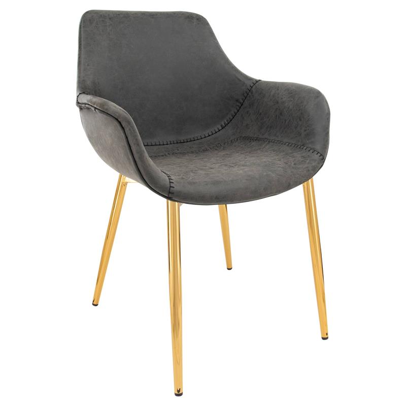 LeisureMod Markley Leather Dining Armchair With Gold Legs in Charcoal Black