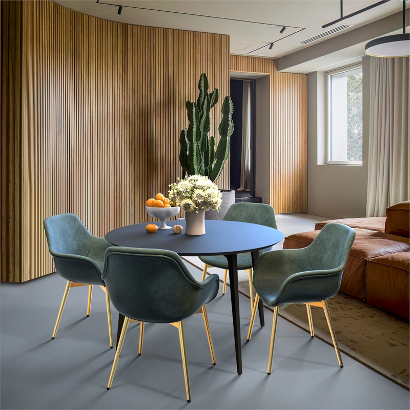 LeisureMod Markley Leather Dining Armchair With Gold Legs in Peacock Blue