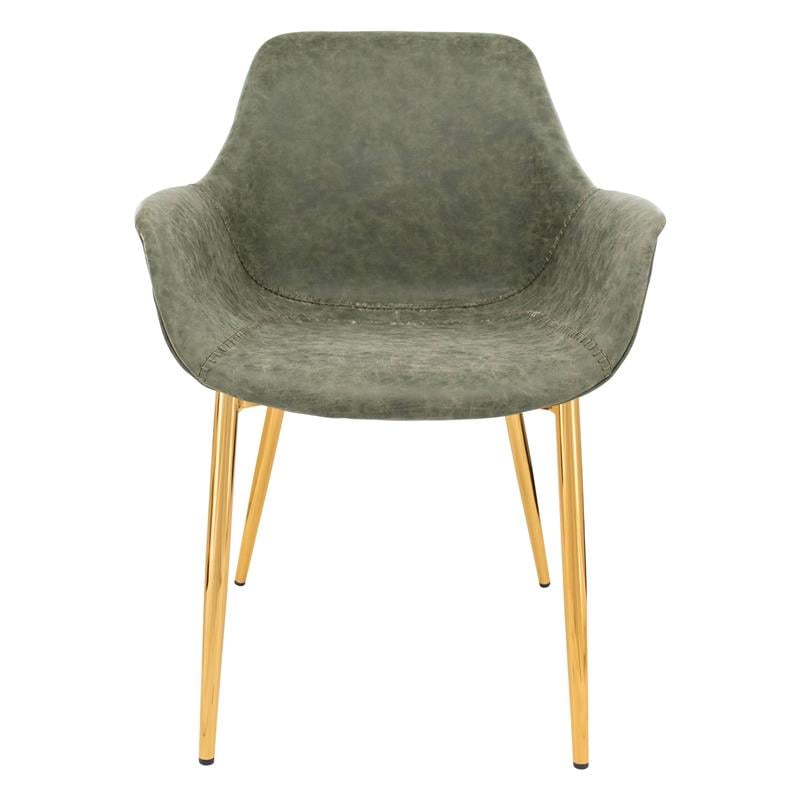 LeisureMod Markley Leather Dining Armchair With Gold Legs in Olive Green