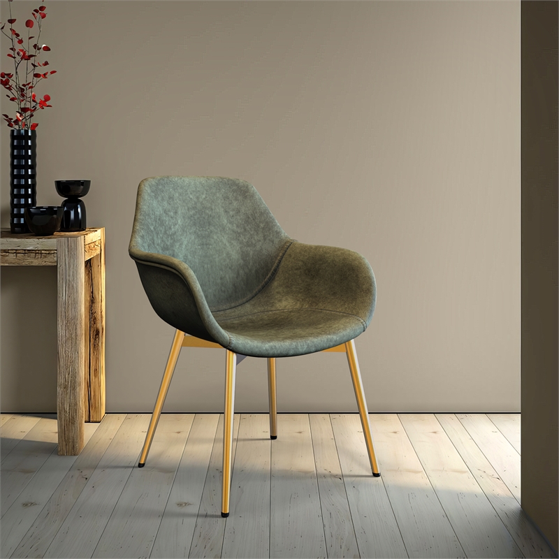 LeisureMod Markley Leather Dining Armchair With Gold Legs in Olive Green