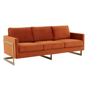 LeisureMod Lincoln 83&quot Modern Upholstered Velvet Sofa in Orange Marmalade