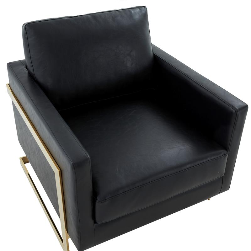 LeisureMod Lincoln Leather Accent Arm Chair With Gold Frame in Black