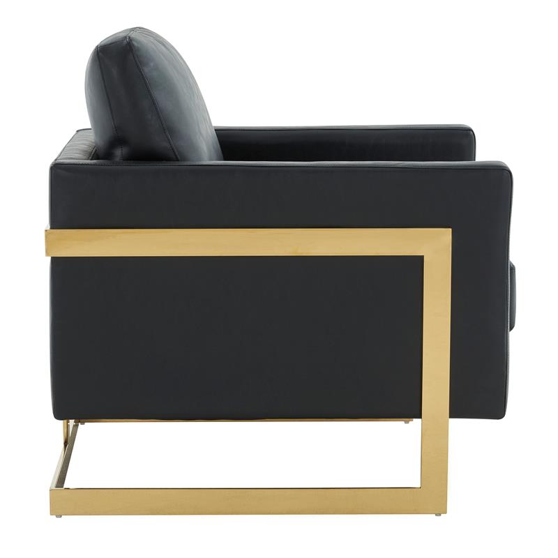 LeisureMod Lincoln Leather Accent Arm Chair With Gold Frame in Black
