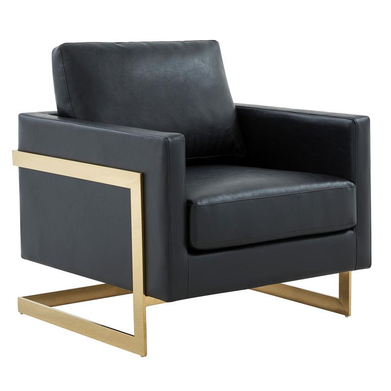 LeisureMod Lincoln Leather Accent Arm Chair With Gold Frame in Black