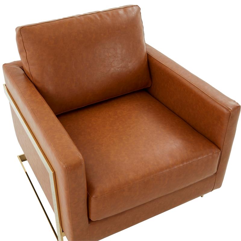 LeisureMod Lincoln Leather Accent Arm Chair With Gold Frame in Cognac Tan