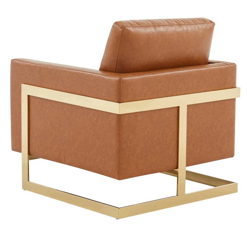 LeisureMod Lincoln Leather Accent Arm Chair With Gold Frame in Cognac Tan