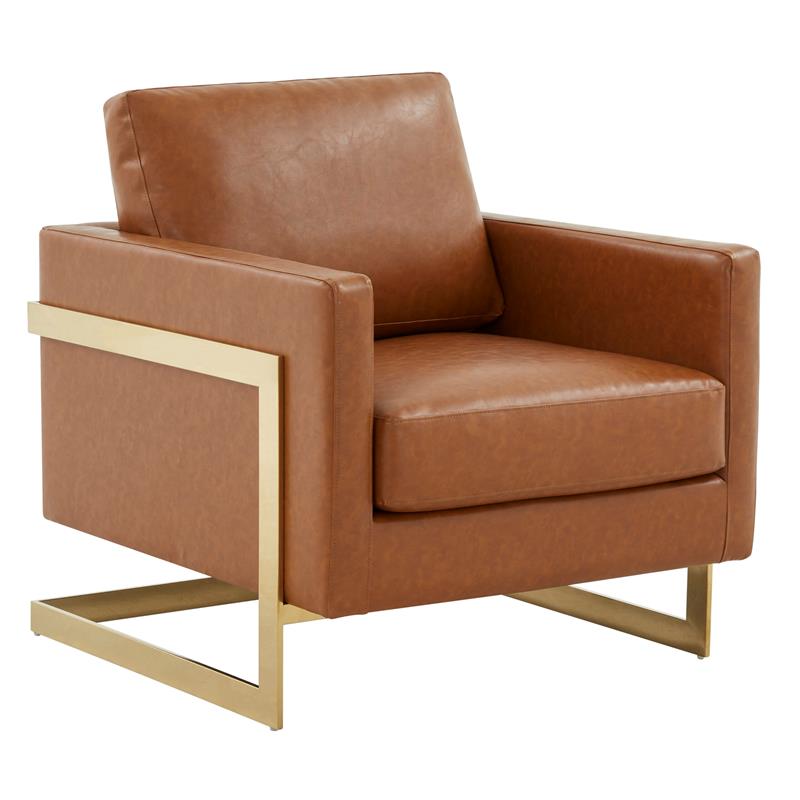 LeisureMod Lincoln Leather Accent Arm Chair With Gold Frame in Cognac Tan