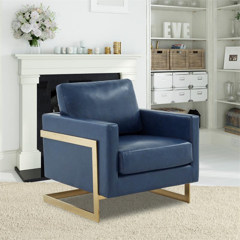 LeisureMod Lincoln Leather Accent Arm Chair With Gold Frame in Navy Blue