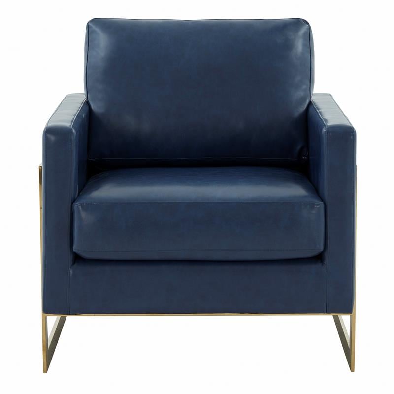 LeisureMod Lincoln Leather Accent Arm Chair With Gold Frame in Navy Blue