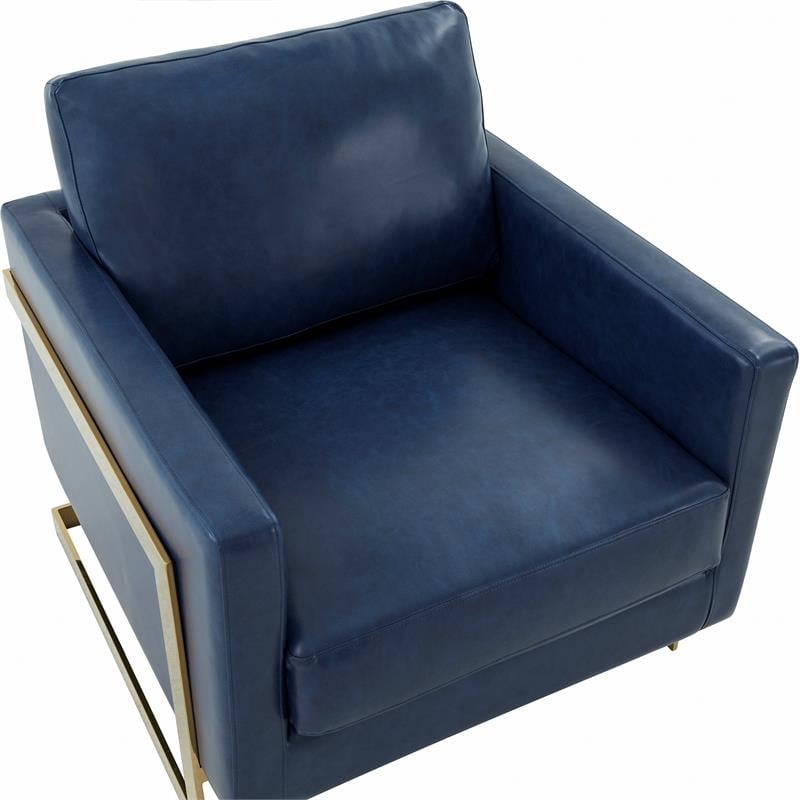 LeisureMod Lincoln Leather Accent Arm Chair With Gold Frame in Navy Blue
