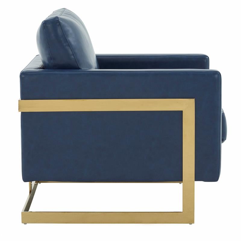 LeisureMod Lincoln Leather Accent Arm Chair With Gold Frame in Navy Blue