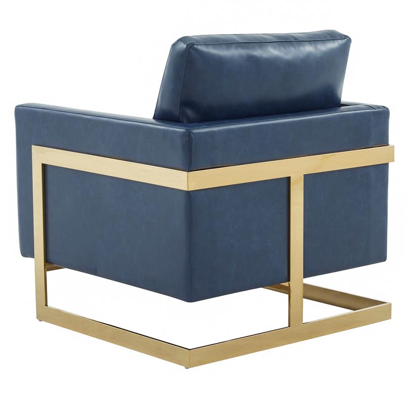 LeisureMod Lincoln Leather Accent Arm Chair With Gold Frame in Navy Blue